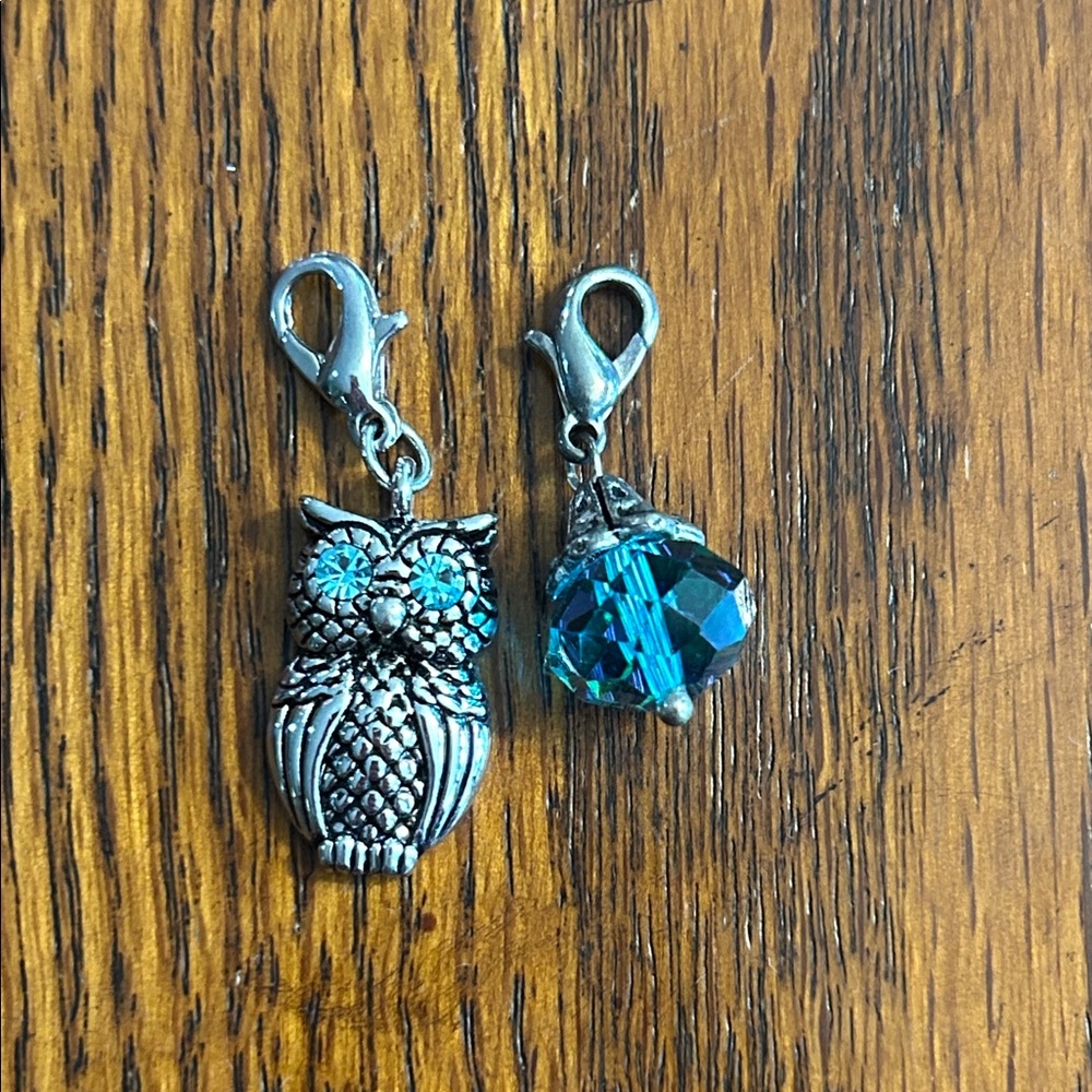 Silver Owl and Blue Crystal Charms